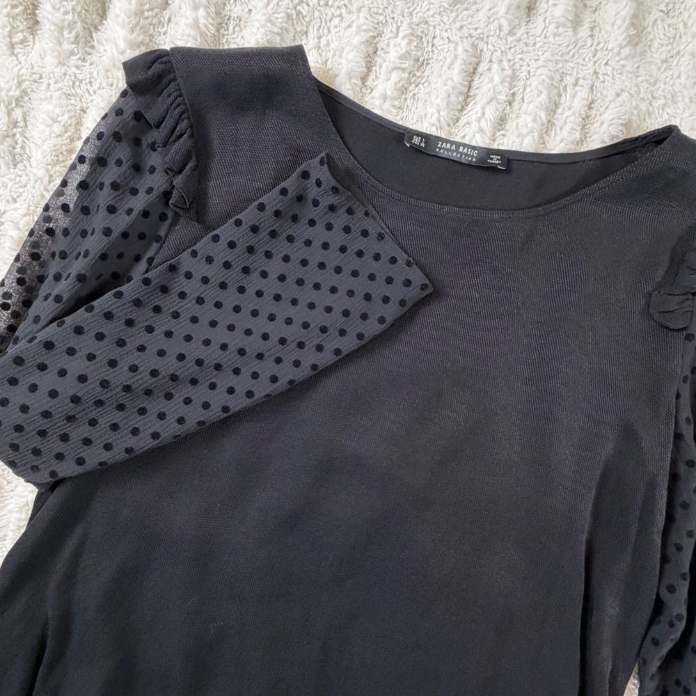 Zara Basic Black Ruffle Shoulder Polka Dot Sheer Sleeve Blouse Large